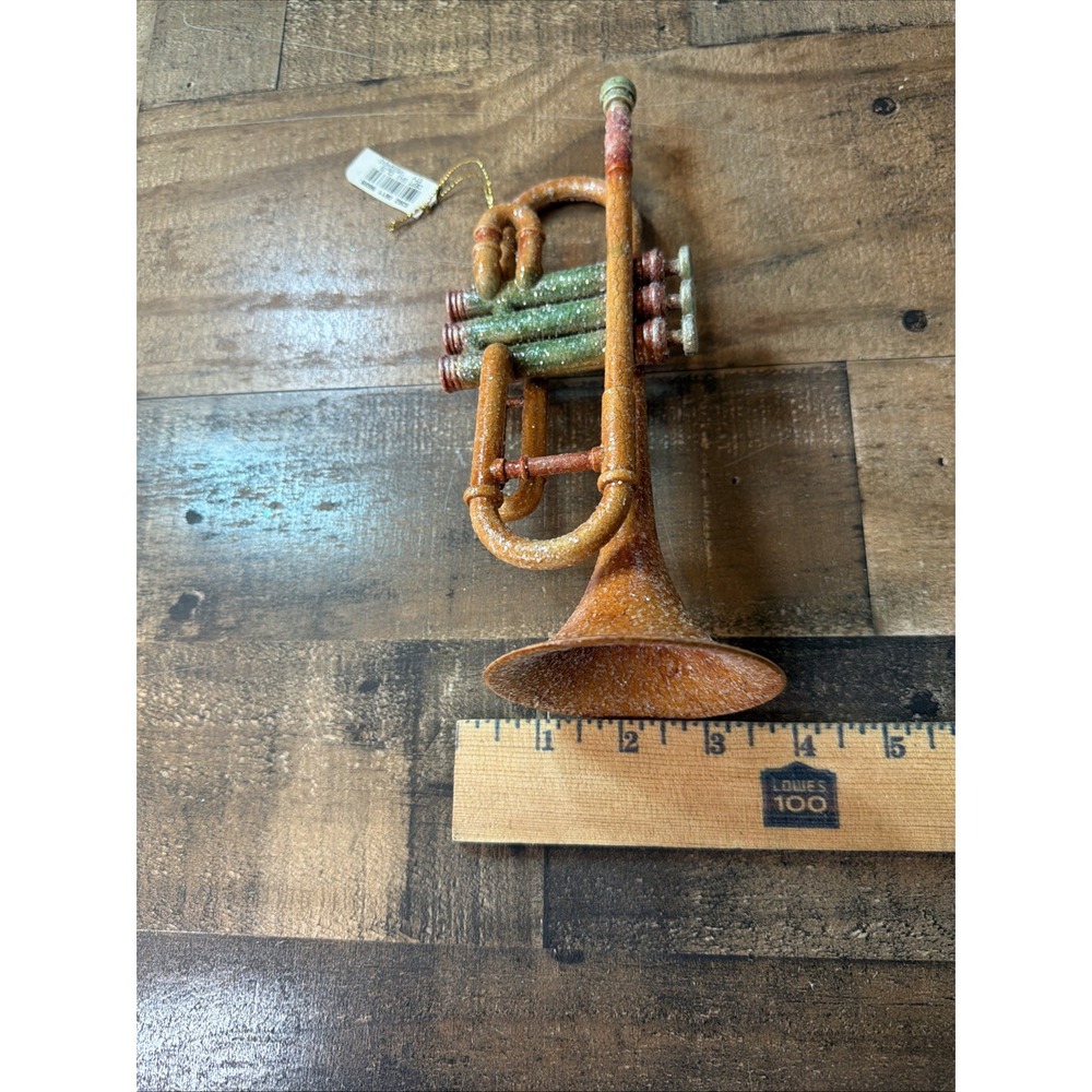 Vintage Style Glitter Trumpet Christmas Ornament Patina Orange Green Musical - Picture 13 of 13